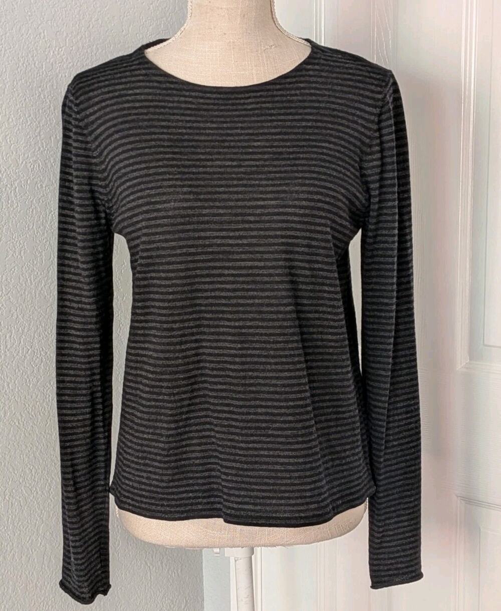 Eileen Fisher Sweater SMALL Gray Stripe Italian Merino Wool Crewneck Coastal